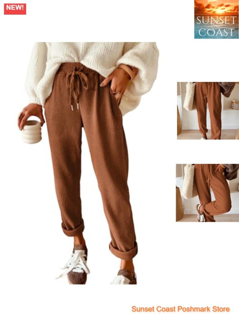 Wide Leg Corduroy Pants High Waist Drawstring Elastic Pull On